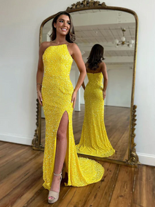 Bright Yellow Color Long Prom Dresses, Sequins Newest 2023 Prom Dresses, Evening Party Dresses