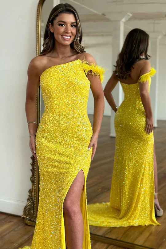 Bright Yellow Color Long Prom Dresses, Sequins Newest 2023 Prom Dresse –  ClaireBridal