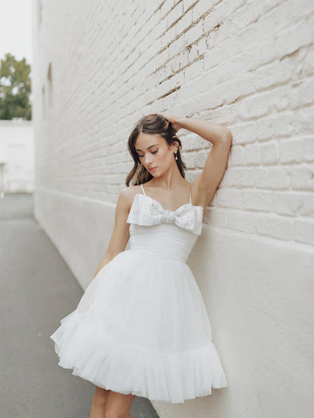 Spaghetti Mini Wedding Dresses With Cute Bow, Fluffy Mini Bridal Gown, Cute Short Prom Dresses