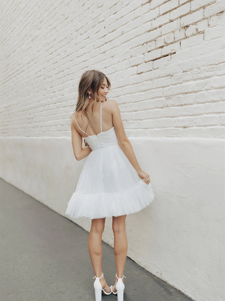 Spaghetti Mini Wedding Dresses With Cute Bow, Fluffy Mini Bridal Gown, – ClaireBridal Spaghetti Mini Wedding Dresses With Cute Bow, Fluffy Mini Bridal Gown, – ClaireBridal