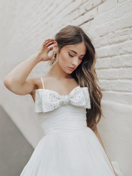 Spaghetti Mini Wedding Dresses With Cute Bow, Fluffy Mini Bridal Gown, Cute Short Prom Dresses