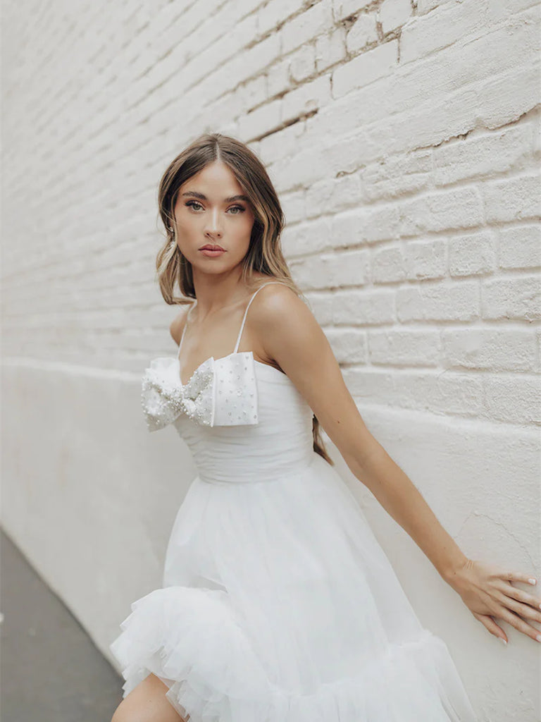Spaghetti Mini Wedding Dresses With Cute Bow, Fluffy Mini Bridal Gown, ClaireBridal Spaghetti Mini Wedding Dresses With Cute Bow, Fluffy Mini Bridal Gown, ClaireBridal