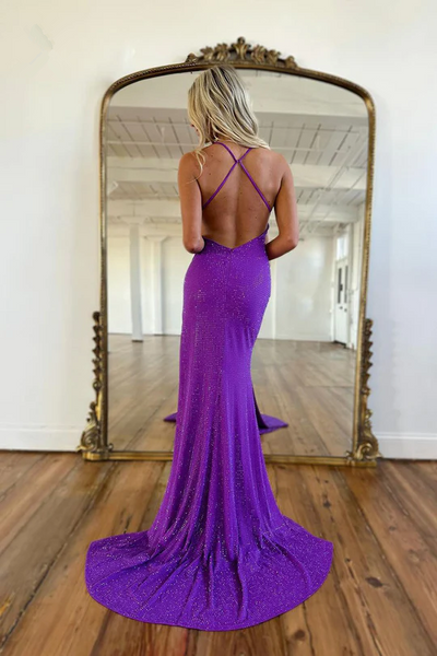Side Slit Purple Long Prom Dresses, Newest 2023 Sequins Prom Dresses, Mermaid Evening Dresses