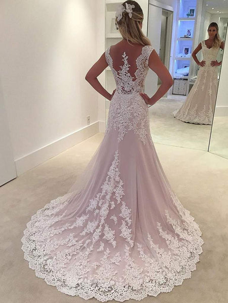 V-neck Long Lace Wedding Dresses, Elegant Bridal Gown