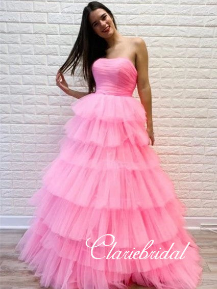 Strapless Pink Layered Tulle Prom Dresses, Lovely Prom Dresses, Popular 2020 Prom Dresses