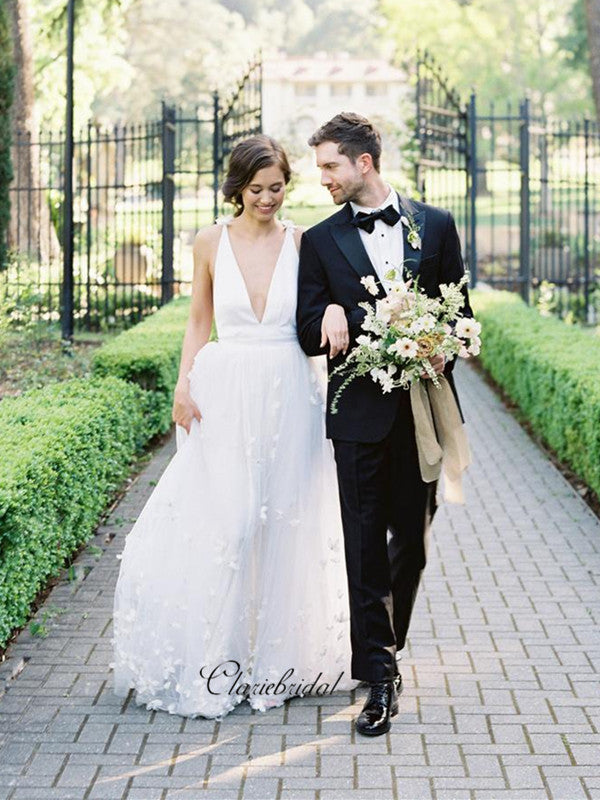 Deep V-neck Elegant Wedding Dresses, Popular Appliques Wedding Dresses