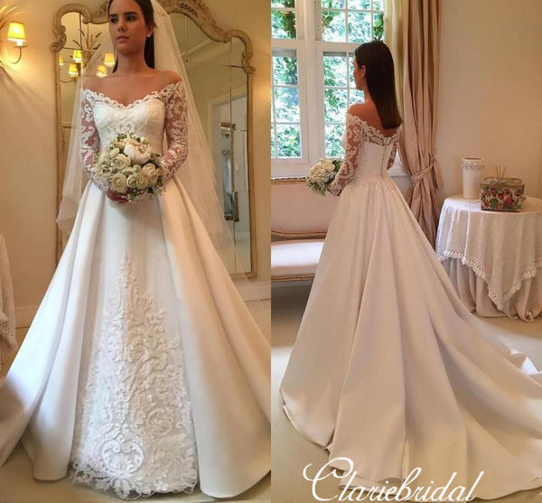 Off Shoulder Long A-line Lace Stain Elegant Wedding Dresses