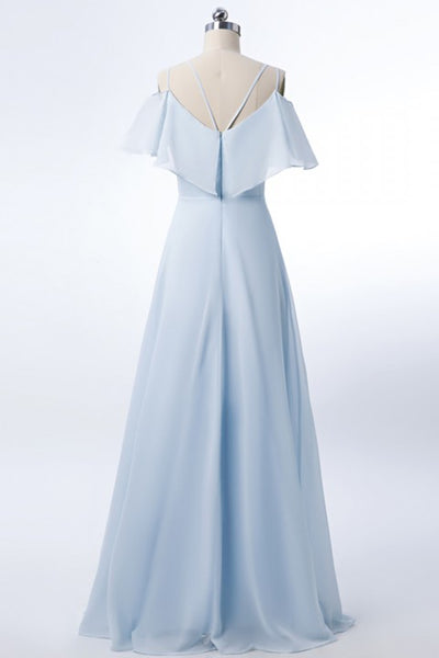 V-neck Off Shoulder Light Blue Bridesmaid Dresses, Chiffon A-line Bridesmaid Dresses, Long Bridesmaid Dresses