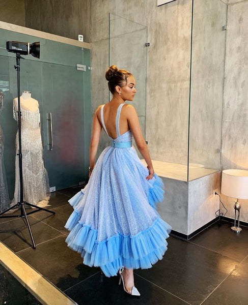 Round Neck Blue Shiny Cake Dresses, Ruffled Prom Dresses, 2022 Prom Dresses, Affordable Prom Dresses