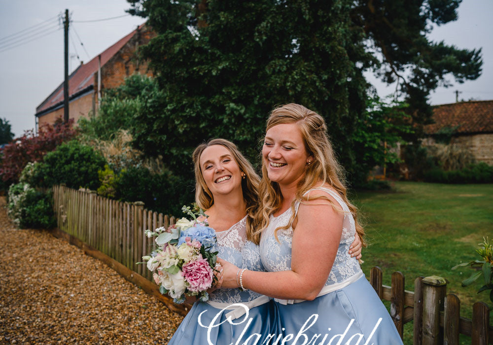 Lace Top Blue Satin Short Bridesmaid Dresses  ClaireBridal
