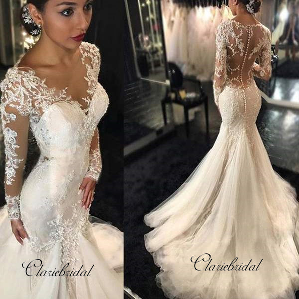 Mermaid Lace Long Sleeves Wedding Dresses, Luxury Wedding Party Dresses