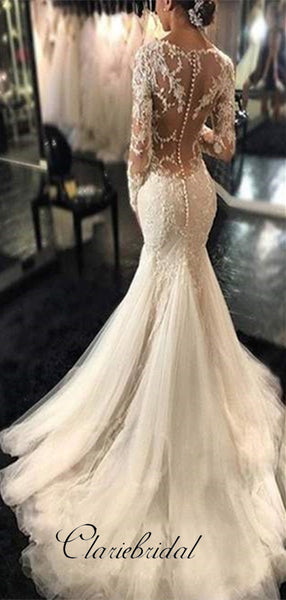 Mermaid Lace Long Sleeves Wedding Dresses, Luxury Wedding Party Dresses