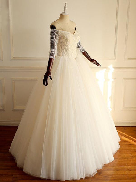 Half Sleeves Long A-line Tulle Beaded Wedding Dresses