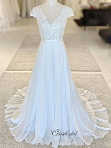 Elegant V-neck Lace Wedding Dresses, Chiffon A-line Bridal Gowns, Beautiful Wedding Dresses