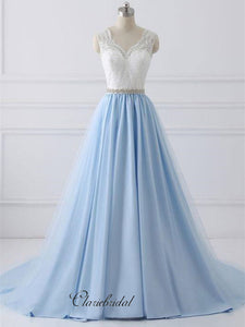 Light Blue Color Lace V-neck Prom Dresses, Long Prom Dresses 2019, A-line Prom Dresses