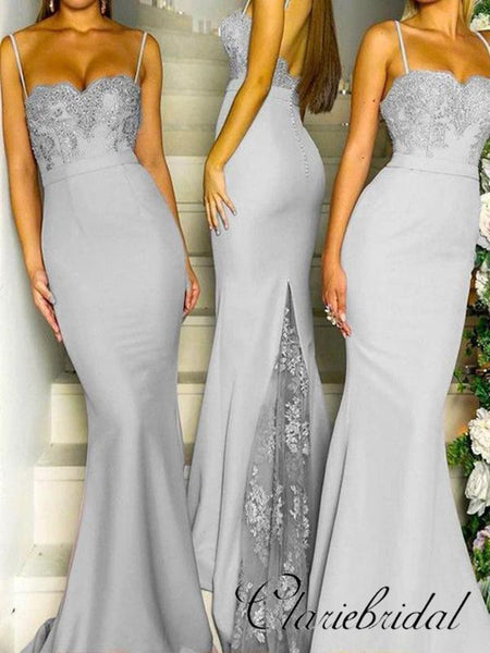 Spaghetti Long Mermaid Grey Lace Beaded Bridesmaid Dresses