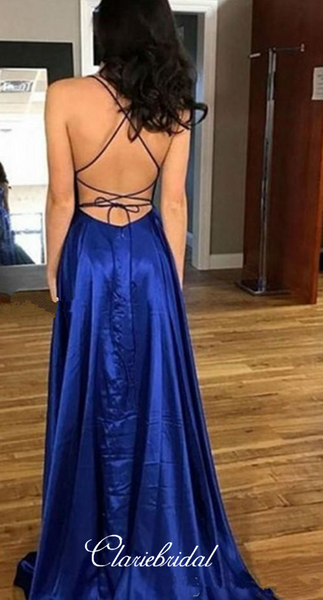 Trendy Royal Blue Slit Prom Dresses, Open Back Sexy Prom Dresses