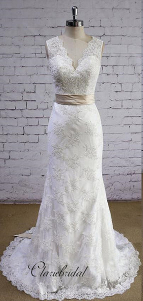 V-back Design Full Lace Wedding Dresses, Elegant Mermaid Bridal Gowns, Fancy Wedding Dresses