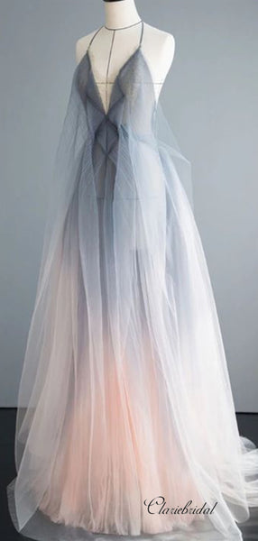 Elegant A-line Long Prom Dresses, Fancy Straps V-neck Prom Dresses