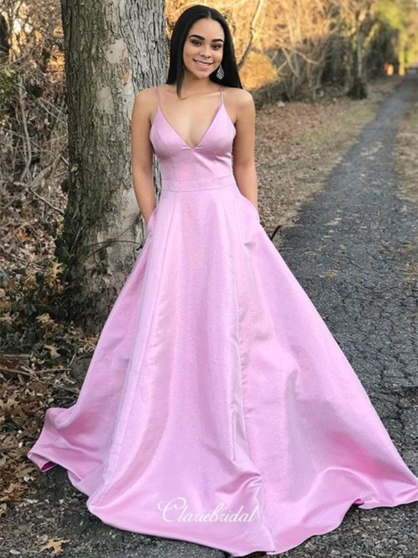 A-line Spaghetti Straps Long Prom Dresses, V-neck Prom Dresses, 2020 Prom Dresses