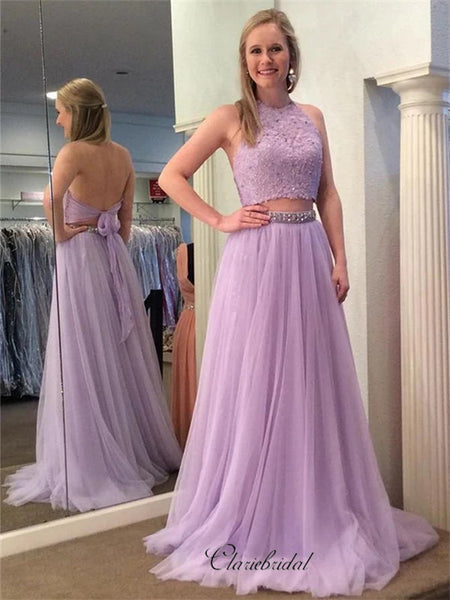 Two Pieces A-line Prom Dresses, Beaded Long Prom Dresses