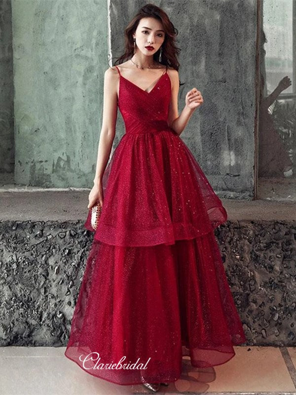 Glitter A-line 2020 Long Prom Dresses, Burgundy V-neck Newest Prom Dresses