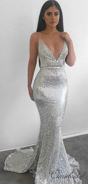 Spaghetti Straps Mermaid Sequins Prom Dresses, Sexy Open Back Prom Dresses