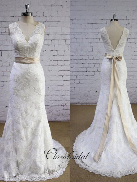 V-back Design Full Lace Wedding Dresses, Elegant Mermaid Bridal Gowns, Fancy Wedding Dresses