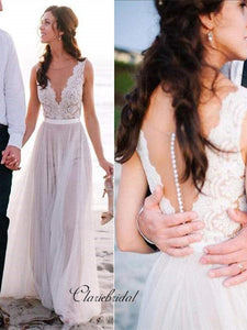 Popular V-neck Lace Tulle Long A-line Beach Wedding Dresses