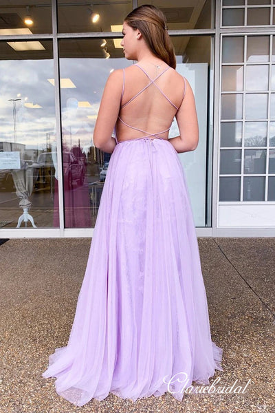 Open Back A-line Long Prom Dresses, New Arrival Lalic Lace Prom Dresses