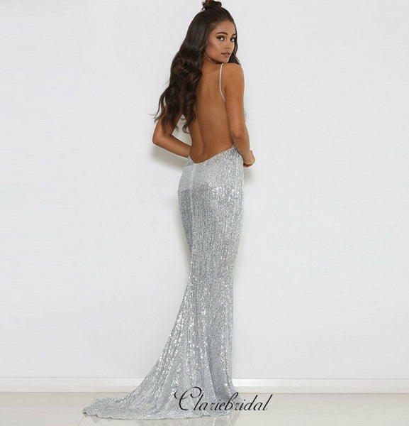 Spaghetti Straps Mermaid Sequins Prom Dresses, Sexy Open Back Prom Dresses