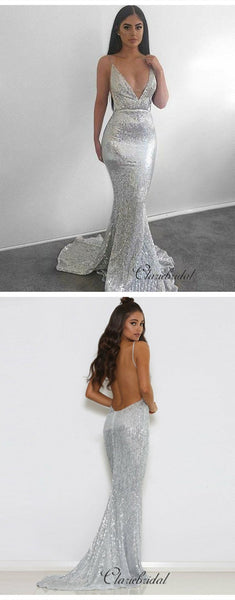 Spaghetti Straps Mermaid Sequins Prom Dresses, Sexy Open Back Prom Dresses