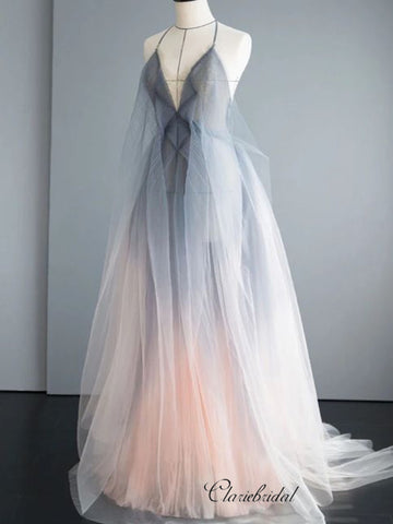 Elegant A-line Long Prom Dresses, Fancy Straps V-neck Prom Dresses