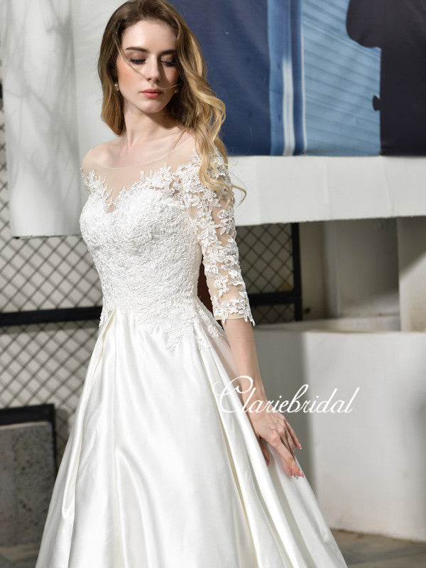 Half Sleeves Lace Satin Wedding Dresses, Long Wedding Dresses, Ivory Satin  Lace Wedding Dresses