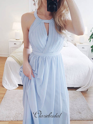 Unique Design Light Blue Prom Dresses, Halter Chiffon Long Prom Dresses