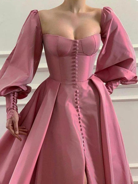 Square Nekline Classic Satin Prom Dresses, Bubble Sleeves Prom Dresses, 2021 Prom Dresses