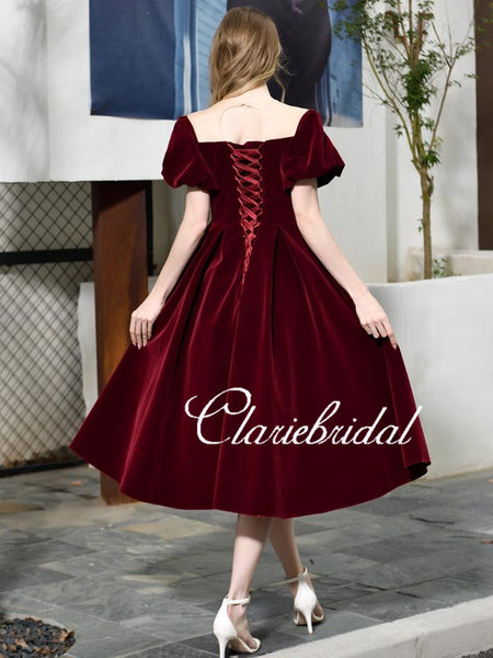 Short Sleeves Velvet Prom Dresses, Vintage Prom Dresses, Affordable Prom Dresses