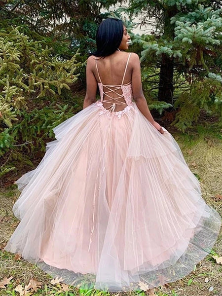 Spaghetti Long A-line Dusty Pink Lace Tulle Prom Dresses, Long Prom Dresses, 2020 Prom Dresses