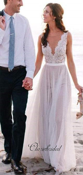 Popular V-neck Lace Tulle Long A-line Beach Wedding Dresses