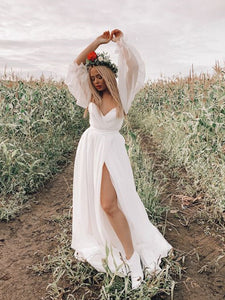 Detachable Sleeves Simple Ivory Prom Dresses, Wedding Dresses, Side Sl – ClaireBridal