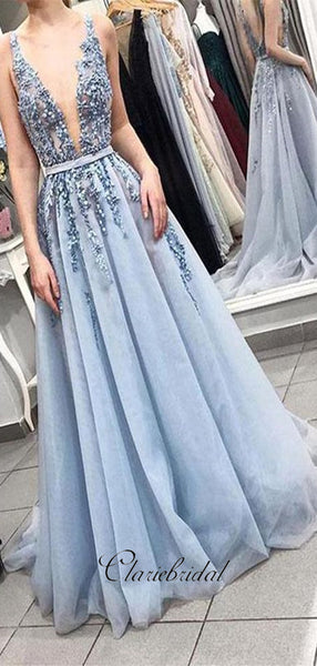 Sexy Deep V-neck Beaded Long Prom Dresses, A-line New Prom Dresses