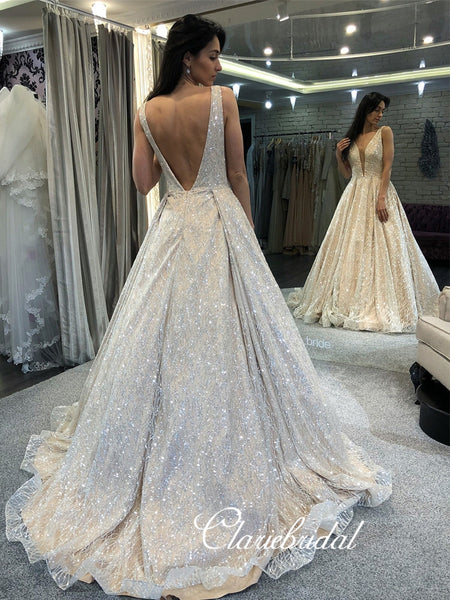 V-neck Sequin Tulle Long Bridal Gown, Sparkle Wedding Dresses, Long Wedding Dresses, Bridal Gown