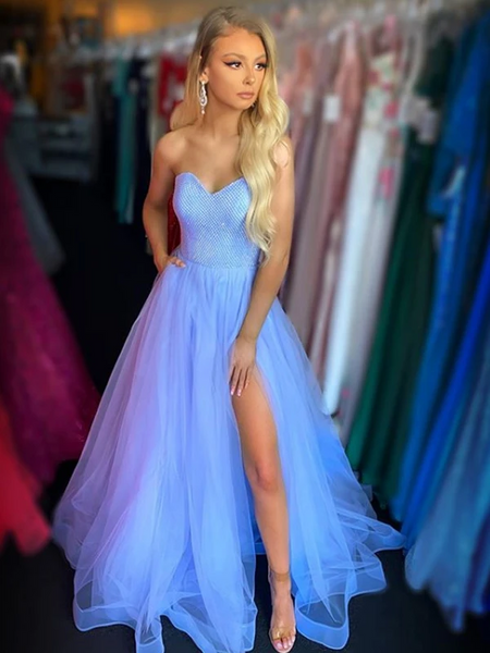 Strapless A-line Tulle Long Prom Dresses, Sweetheart 2020 New Prom Dresses