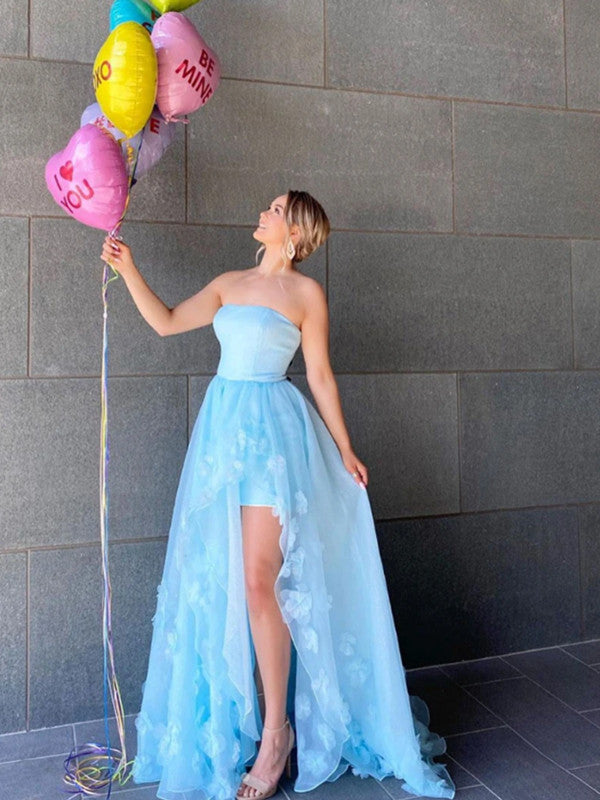 Light Blue Elegant 2020 Long Prom Dresses, Strapless Appliques Prom Dresses