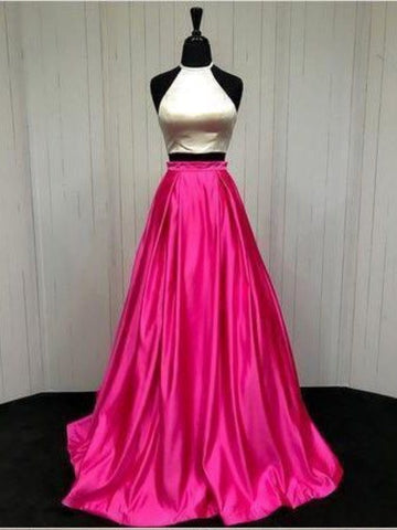 Halter Two Pieces Long Prom Dresses, Simple A-line Prom Dresses, Long Prom Dresses