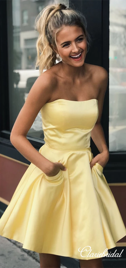 Strapless Yellow Satin Short Homecoming Dresses With Pockets – ClaireBridal