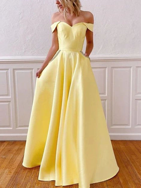 Off The Shoulder Yellow Satin Long Prom Dresses, Beaded Prom Dresses With Pocket