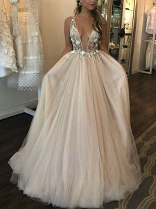 Deep V-neck Beaded Tulle Prom Dresses, Elegant Floral 2020 Newest Long Prom Dresses