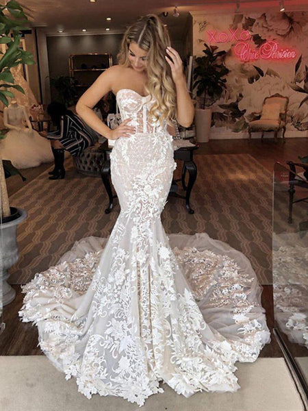 Sweetheart Strapless Lace Wedding Dresses, Elegant Mermaid Lace Bridal Gowns