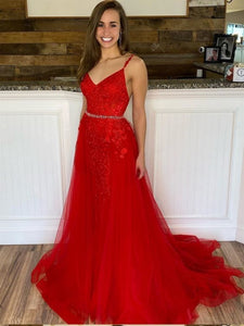Red Mermaid Lace Formal Evening Dresses, V-neck Elegant Lace Long Prom Dresses